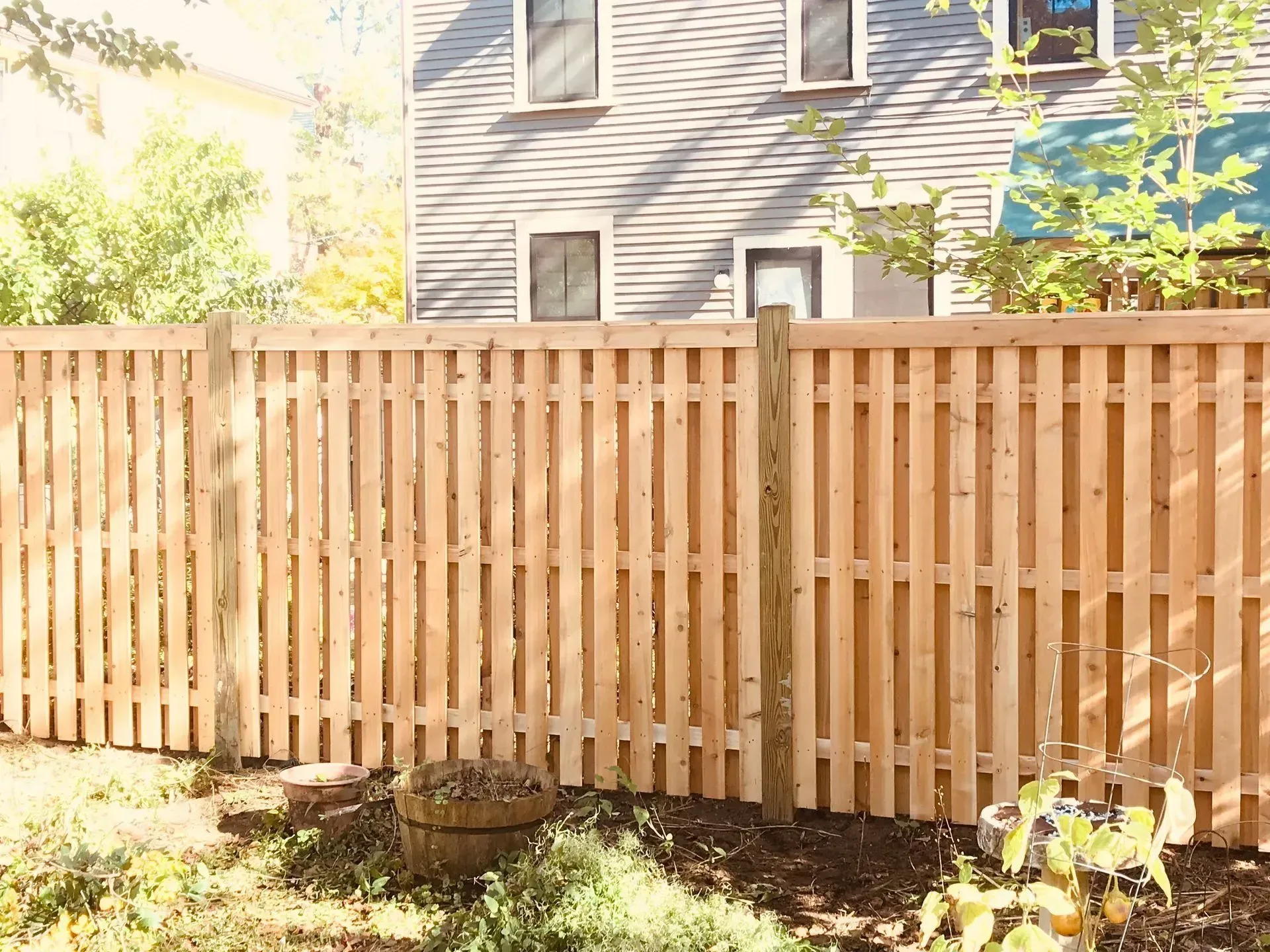 Wooden picket fence in a backyard, with a house visible in the background.