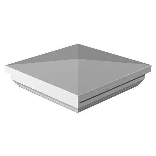 Square, light gray post cap with a pyramid-shaped top and decorative edge.