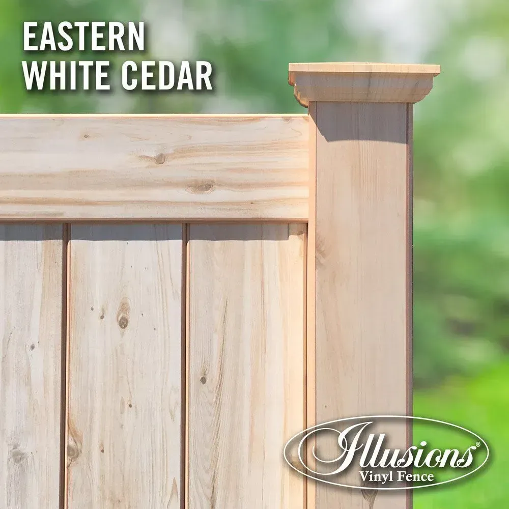 Close-up of Eastern White Cedar fence with a decorative post cap; natural wood color.