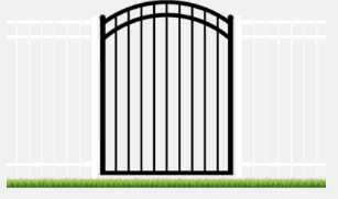 Black metal gate between two white fences, set in a grassy lawn.